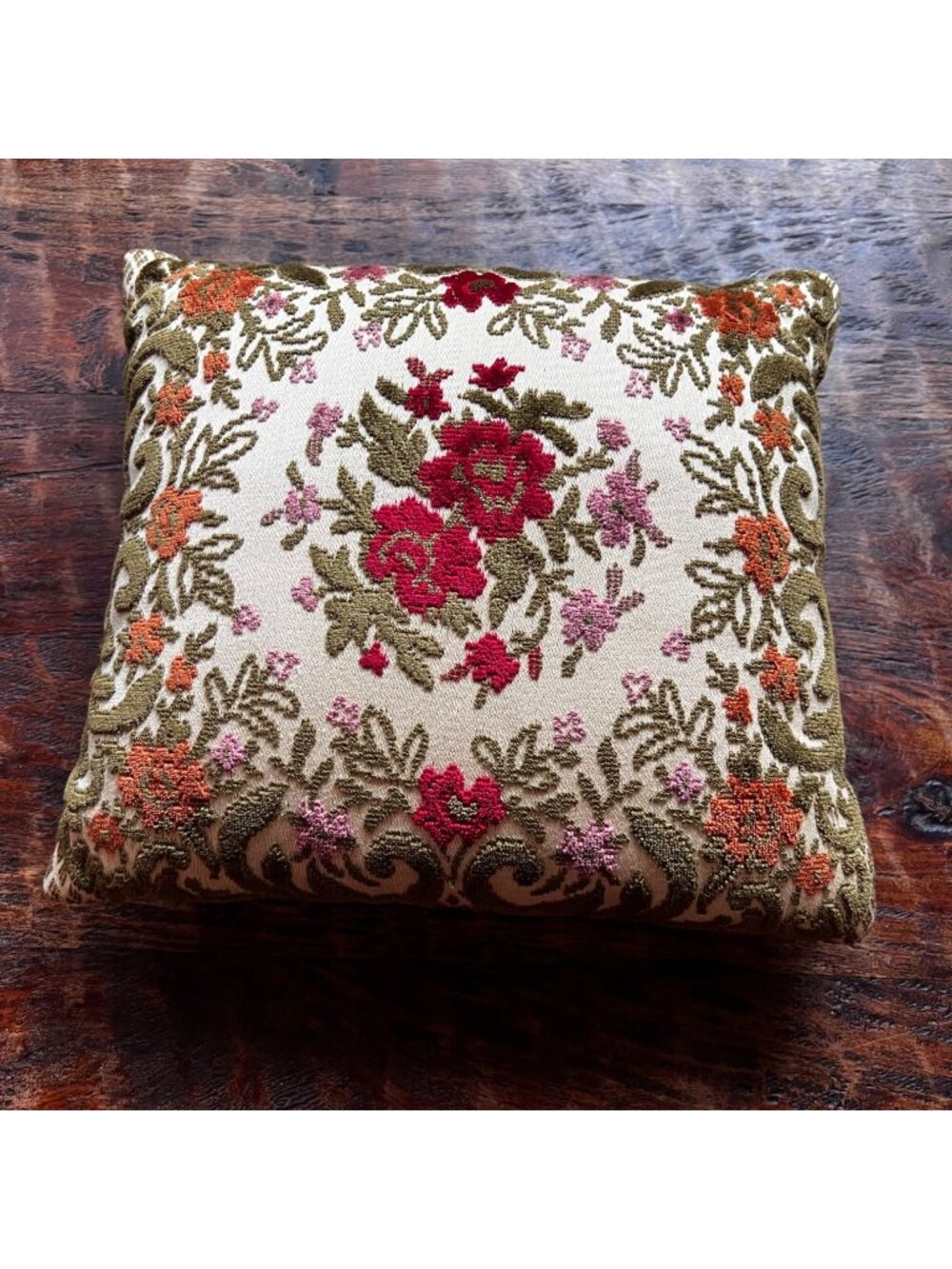 Vintage Italian Floral Throw Pillow 12"x12" With Red Pink & Green Embroidery On